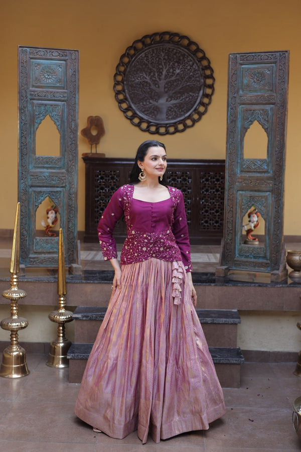 Wine Embroidered jacquard Lehenga Set ClothsVilla