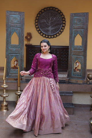 Wine Embroidered jacquard Lehenga Set ClothsVilla