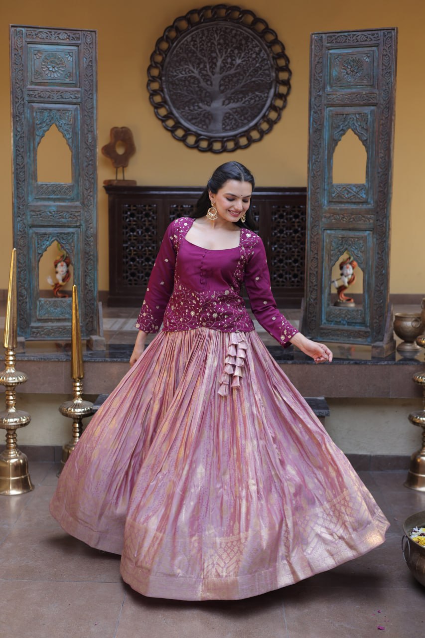 Wine Embroidered jacquard Lehenga Set ClothsVilla