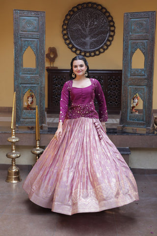 Wine Embroidered jacquard Lehenga Set ClothsVilla