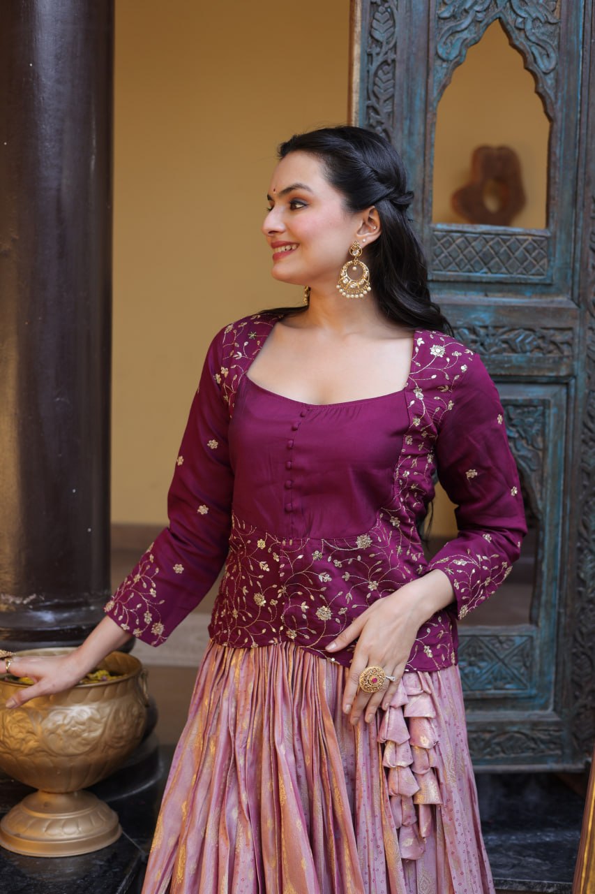 Wine Embroidered jacquard Lehenga Set ClothsVilla