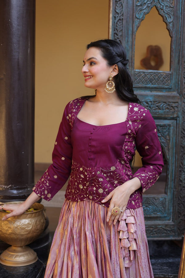 Wine Embroidered jacquard Lehenga Set ClothsVilla