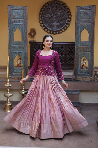 Wine Embroidered jacquard Lehenga Set ClothsVilla