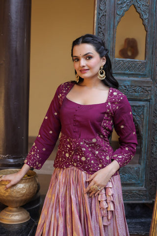 Wine Embroidered jacquard Lehenga Set ClothsVilla