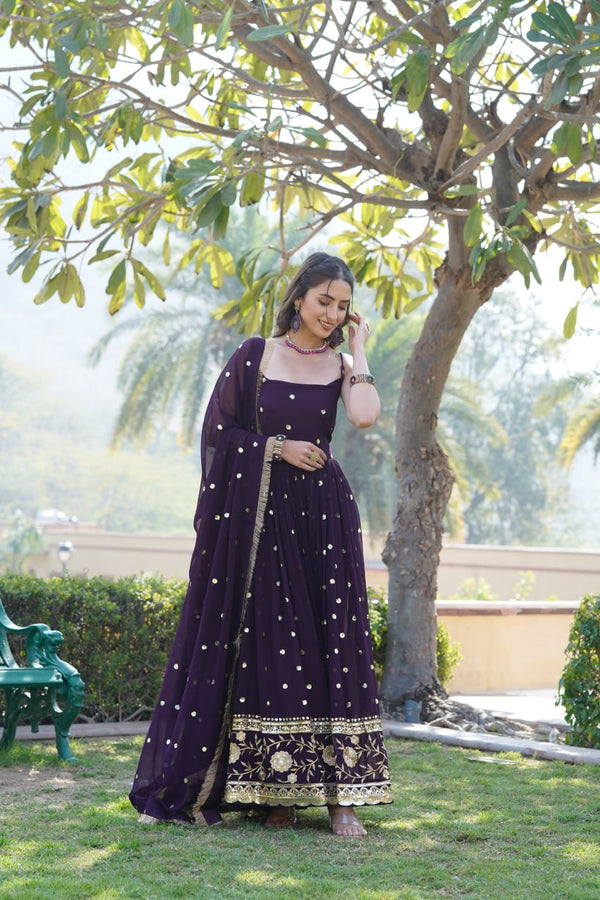Luxury Wine Embroidered Sequin Gown with Designer Dupatta ClothsVilla