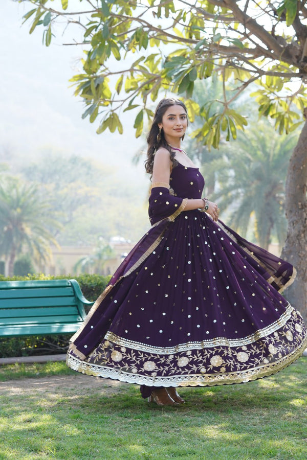 Luxury Wine Embroidered Sequin Gown with Designer Dupatta ClothsVilla