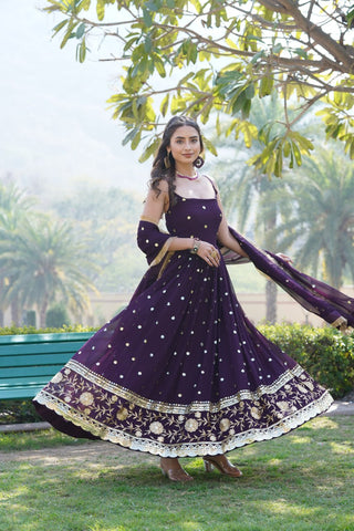 Luxury Wine Embroidered Sequin Gown with Designer Dupatta ClothsVilla