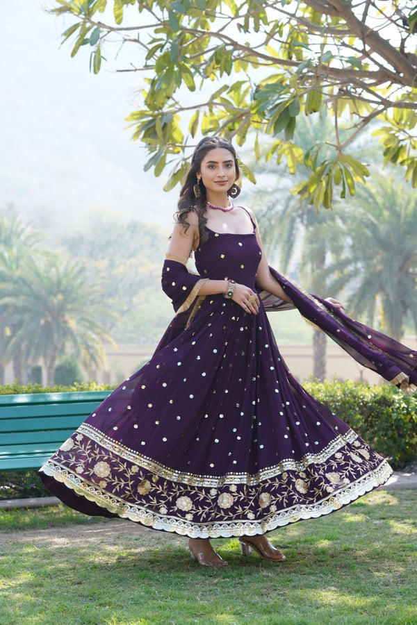 Luxury Wine Embroidered Sequin Gown with Designer Dupatta ClothsVilla