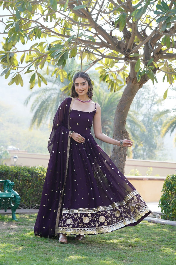 Luxury Wine Embroidered Sequin Gown with Designer Dupatta ClothsVilla