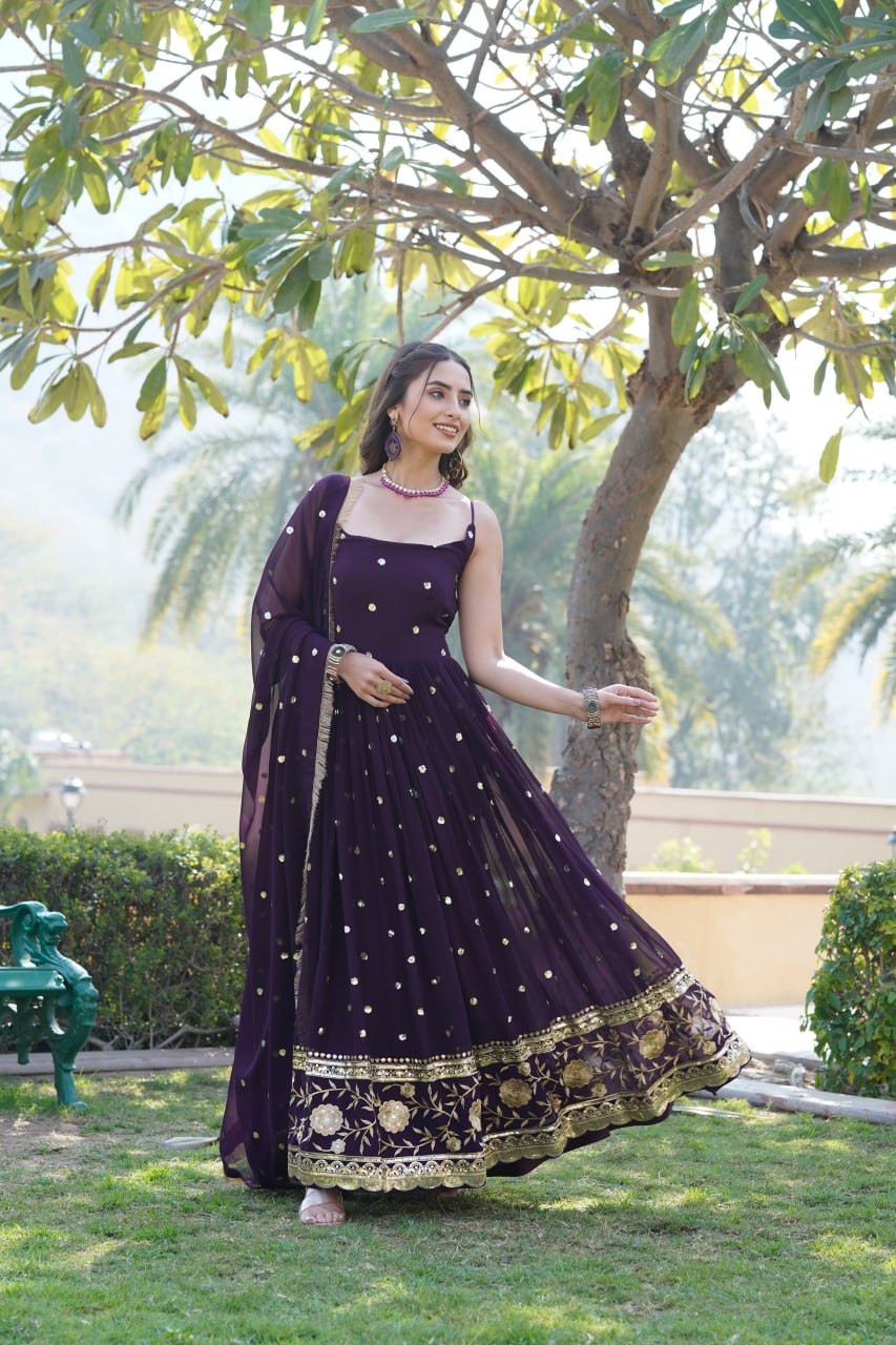 Luxury Wine Embroidered Sequin Gown with Designer Dupatta ClothsVilla