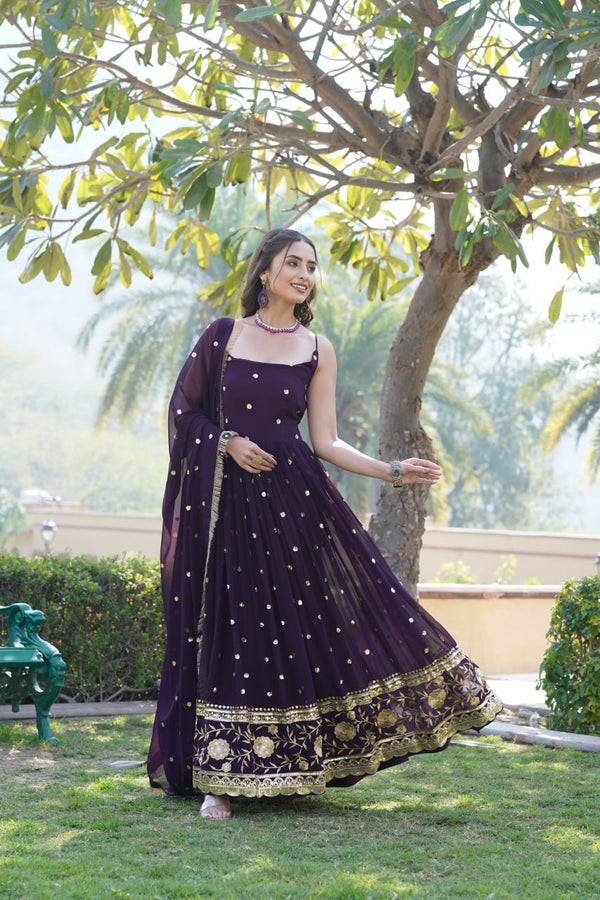 Luxury Wine Embroidered Sequin Gown with Designer Dupatta ClothsVilla
