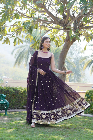 Luxury Wine Embroidered Sequin Gown with Designer Dupatta ClothsVilla