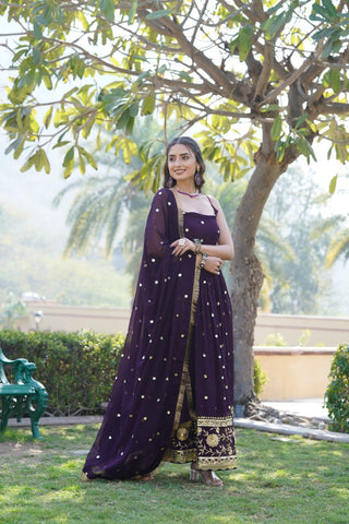 Luxury Wine Embroidered Sequin Gown with Designer Dupatta ClothsVilla