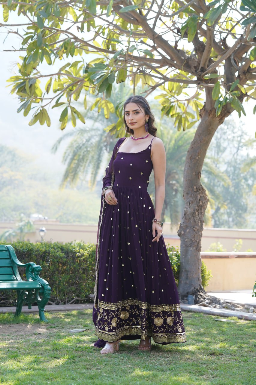 Luxury Wine Embroidered Sequin Gown with Designer Dupatta ClothsVilla