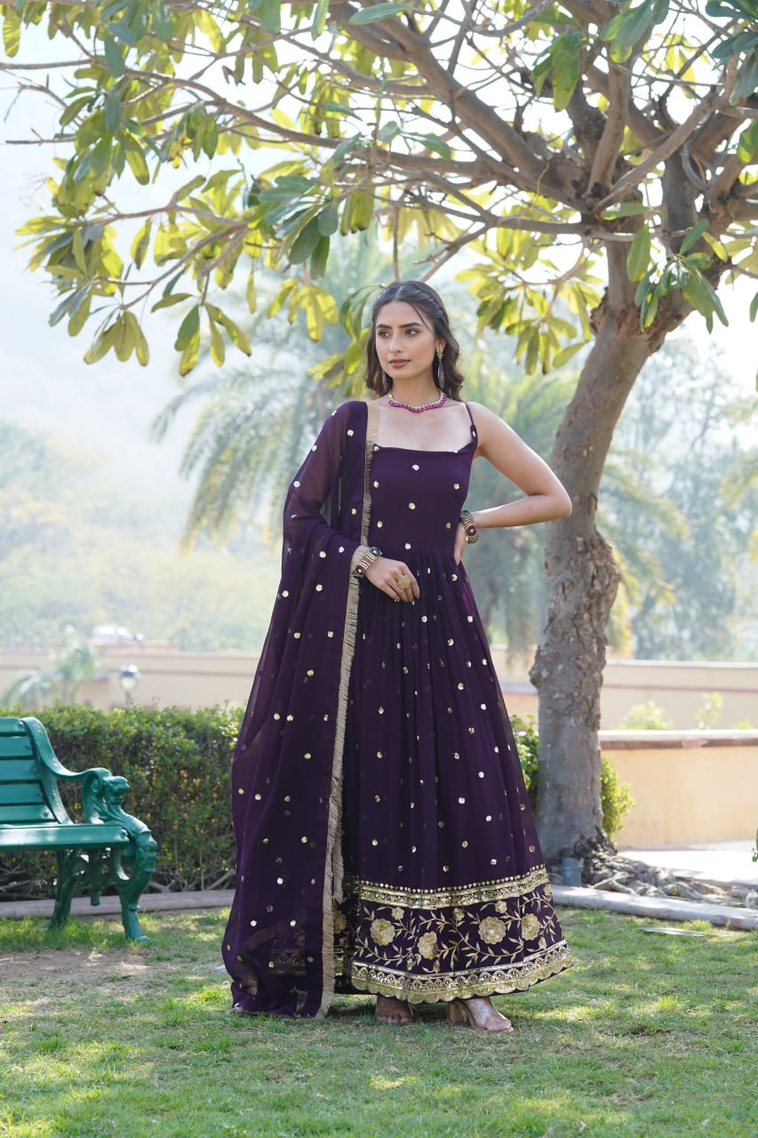 Luxury Wine Embroidered Sequin Gown with Designer Dupatta ClothsVilla Main image