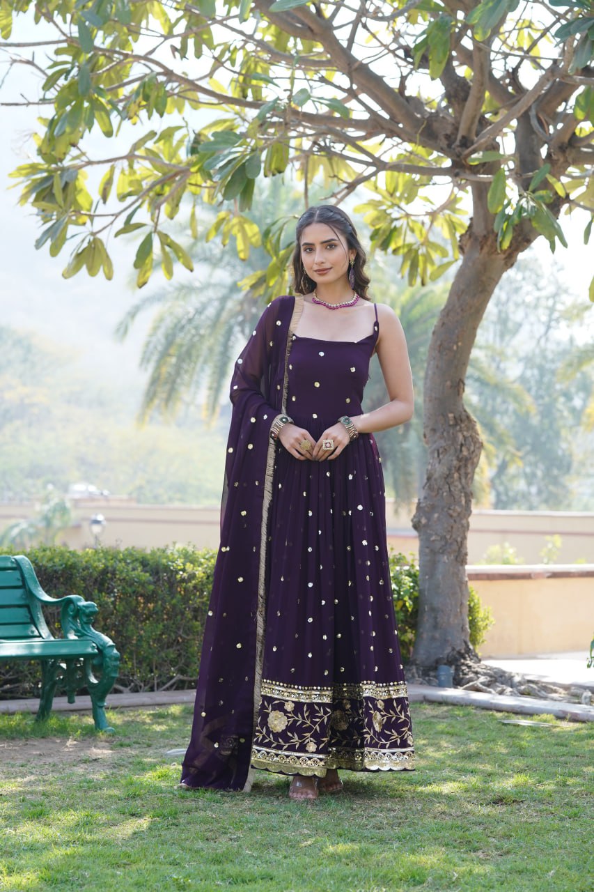 Luxury Wine Embroidered Sequin Gown with Designer Dupatta ClothsVilla
