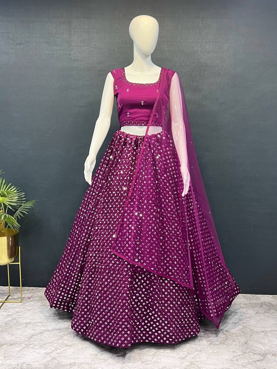 Wine Exquisite Heavy Georgette Embroidered Lehenga Set with Sequins & Net Dupatta ClothsVilla Main image