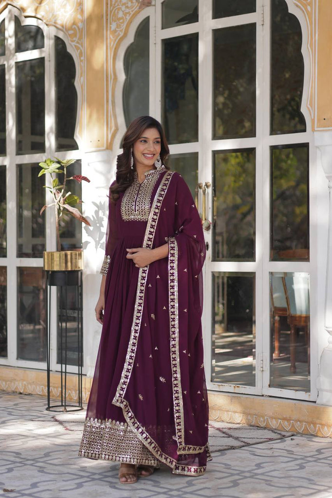 Wine Faux Blooming Georgette Gown with Dupatta Clothsvilla