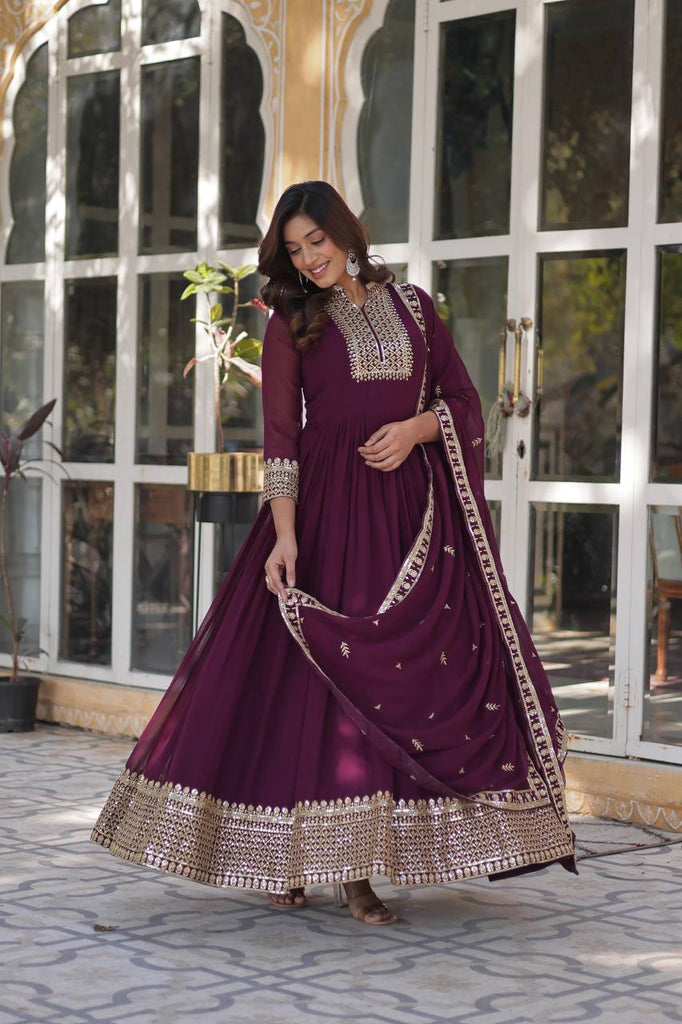 Wine Faux Blooming Georgette Gown with Dupatta Clothsvilla