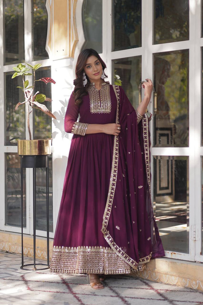 Wine Faux Blooming Georgette Gown with Dupatta Clothsvilla