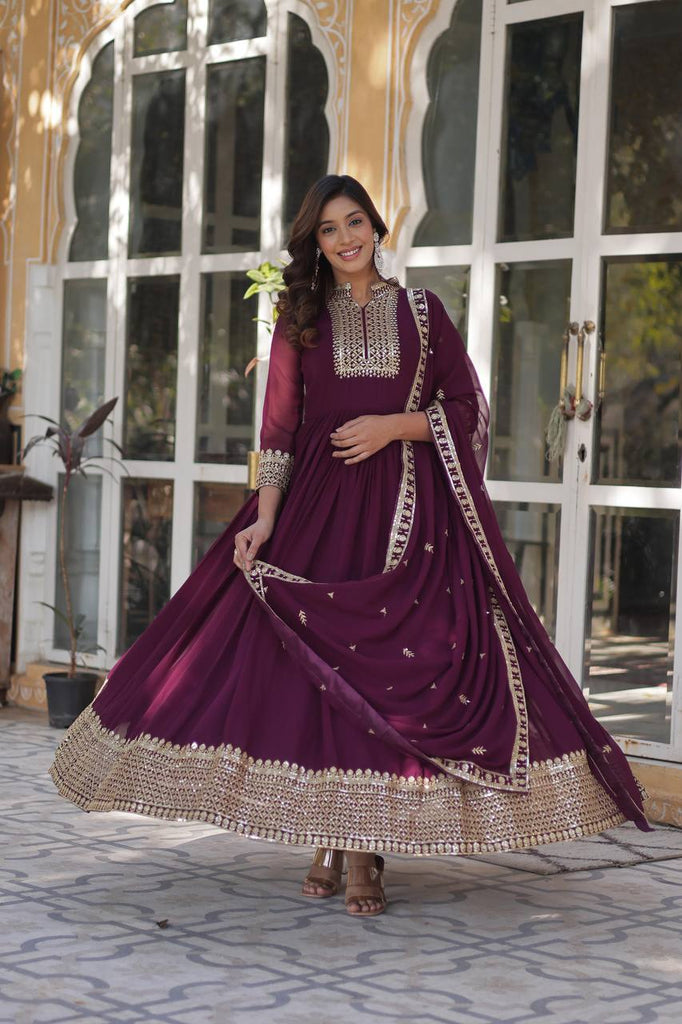 Wine Faux Blooming Georgette Gown with Dupatta Clothsvilla