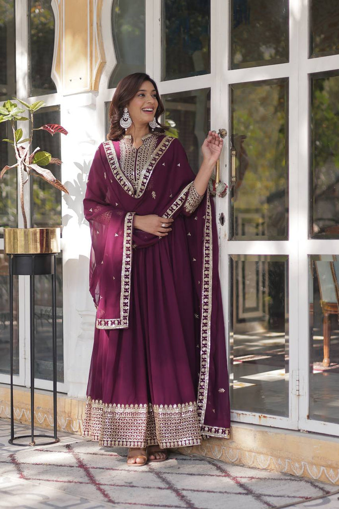 Wine Faux Blooming Georgette Gown with Dupatta Clothsvilla