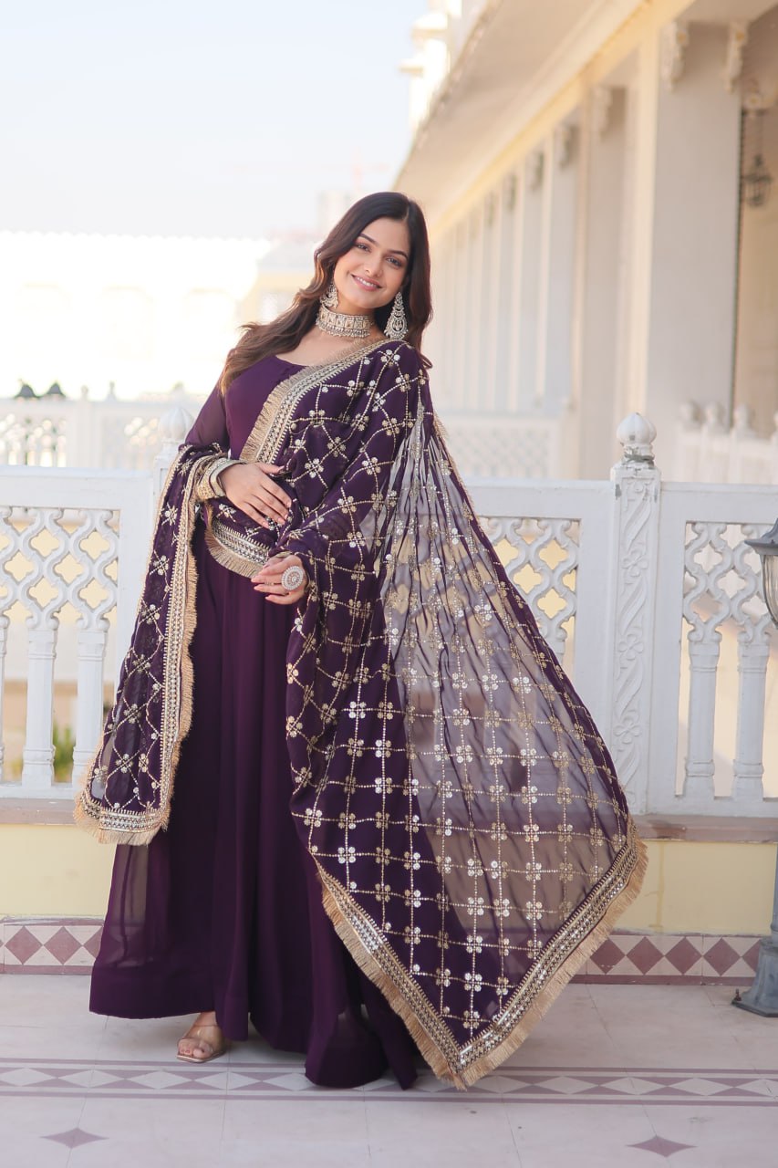 Wine Faux Blooming Gown with Dupatta Featuring Attractive Embroidered Sequins Work and Lace Border Secondary image