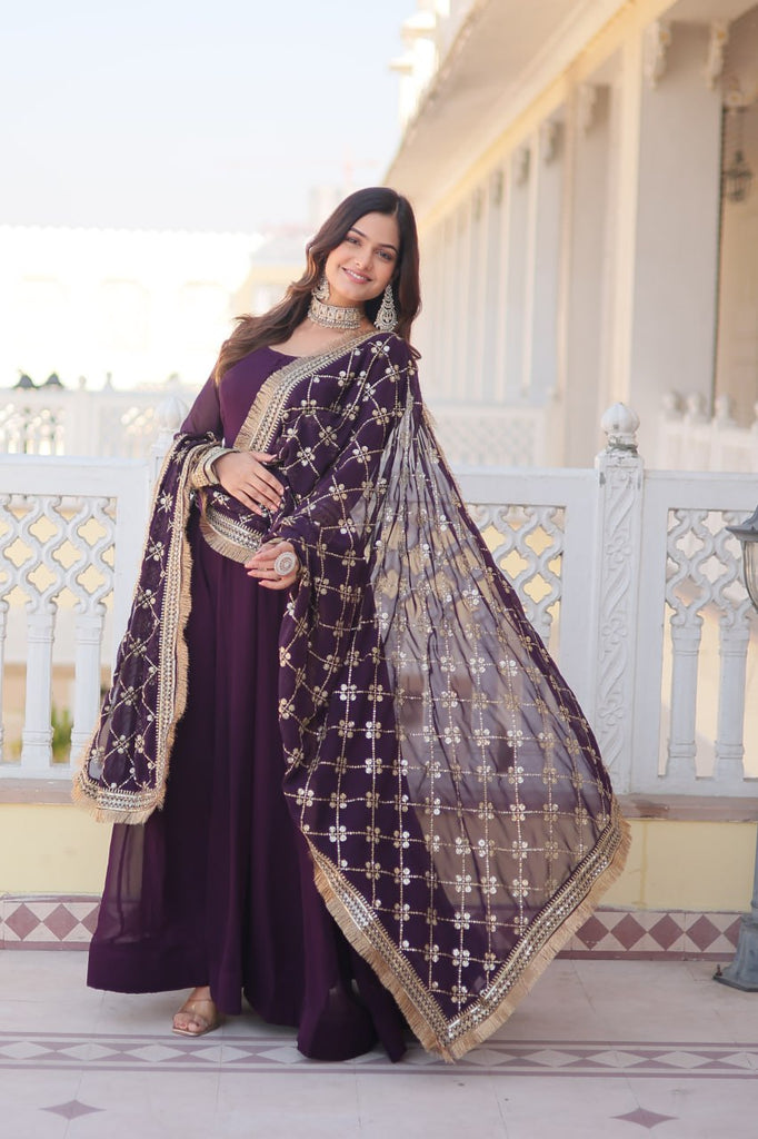 Wine Faux Blooming Gown with Dupatta Featuring Attractive Embroidered Sequins Work and Lace Border ClothsVilla