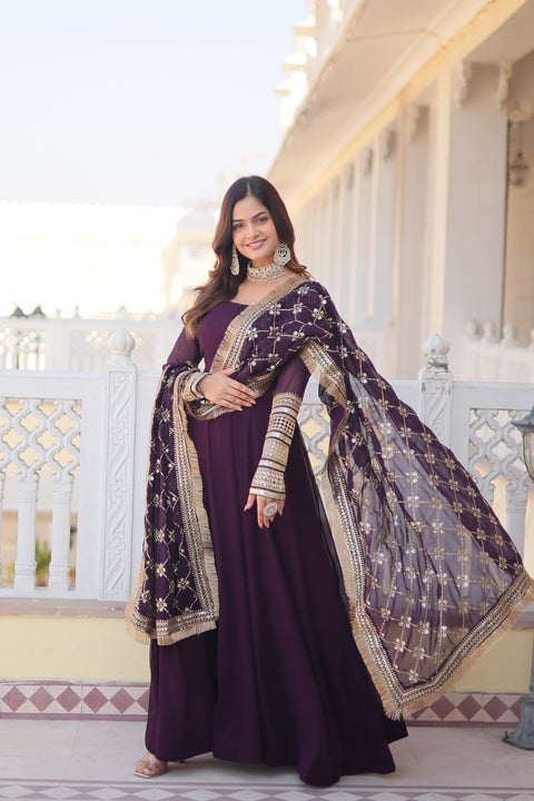 Wine Faux Blooming Gown with Dupatta Featuring Attractive Embroidered Sequins Work and Lace Border ClothsVilla Main image