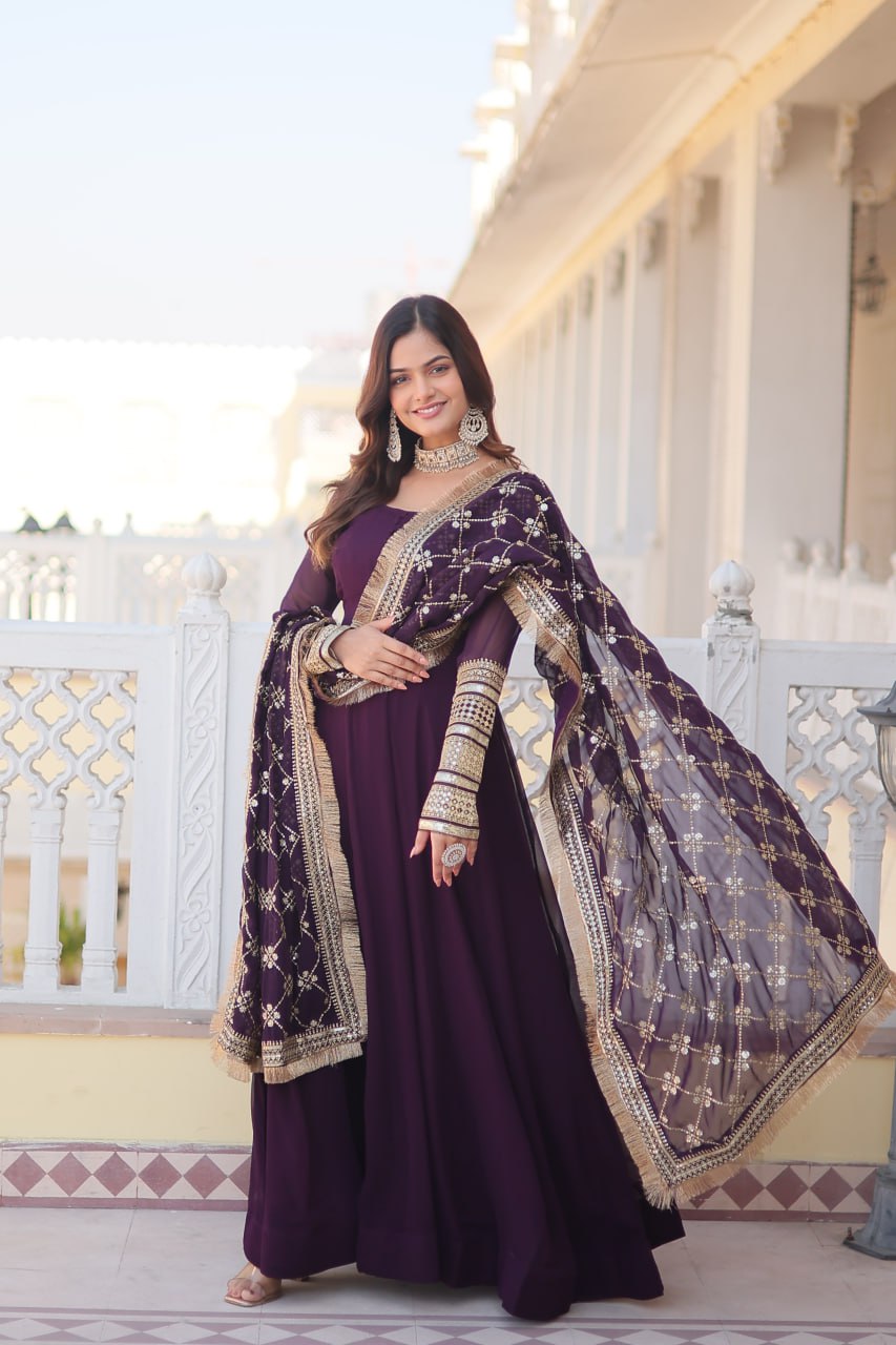 Wine Faux Blooming Gown with Dupatta Featuring Attractive Embroidered Sequins Work and Lace Border ClothsVilla Main image