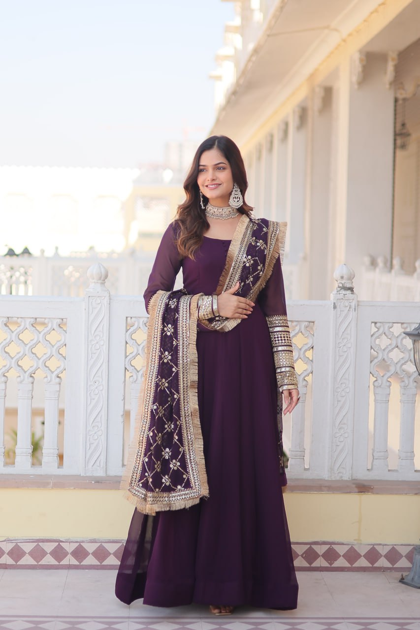 Wine Faux Blooming Gown with Dupatta Featuring Attractive Embroidered Sequins Work and Lace Border ClothsVilla