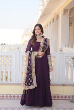 Load image into Gallery viewer, Wine Faux Blooming Gown with Dupatta Featuring Attractive Embroidered Sequins Work and Lace Border ClothsVilla