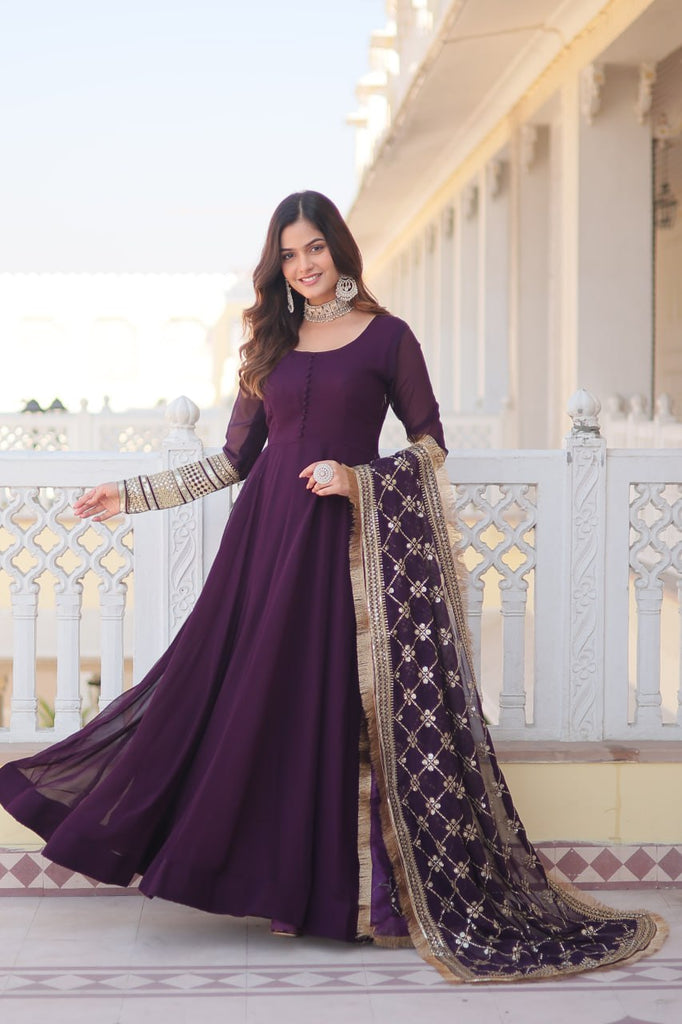 Wine Faux Blooming Gown with Dupatta Featuring Attractive Embroidered Sequins Work and Lace Border ClothsVilla