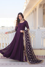 Load image into Gallery viewer, Wine Faux Blooming Gown with Dupatta Featuring Attractive Embroidered Sequins Work and Lace Border ClothsVilla