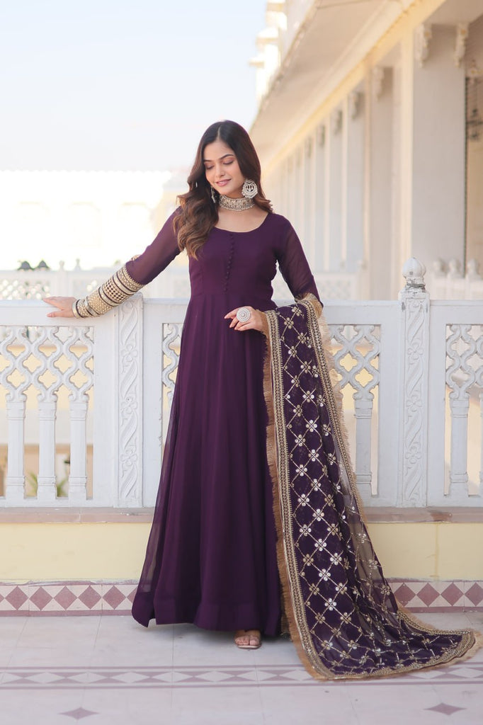 Wine Faux Blooming Gown with Dupatta Featuring Attractive Embroidered Sequins Work and Lace Border ClothsVilla