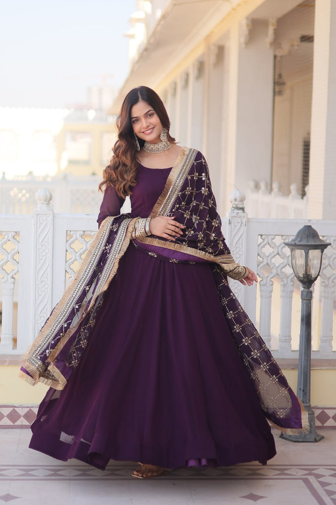 Wine Faux Blooming Gown with Dupatta Featuring Attractive Embroidered Sequins Work and Lace Border ClothsVilla