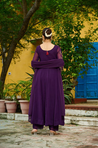 Wine Faux Blooming Multithread Beads Embroidered Gown Set with Matching Bottom & Dupatta – Stitched Ensemble ClothsVilla