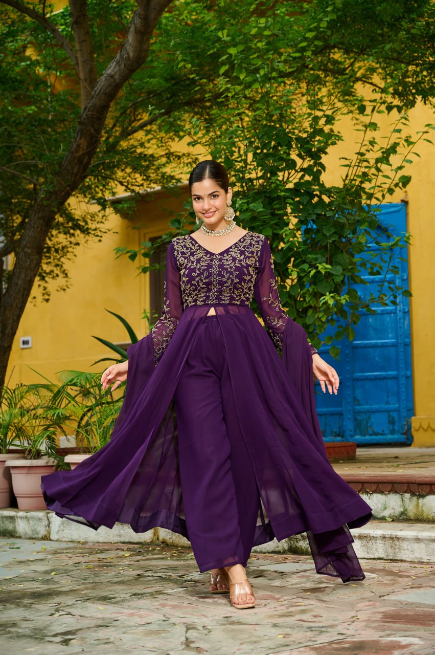 Wine Faux Blooming Multithread Beads Embroidered Gown Set with Matching Bottom & Dupatta – Stitched Ensemble ClothsVilla Main image