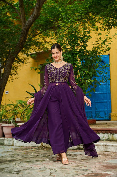 Wine Faux Blooming Multithread Beads Embroidered Gown Set with Matching Bottom & Dupatta – Stitched Ensemble ClothsVilla Main image