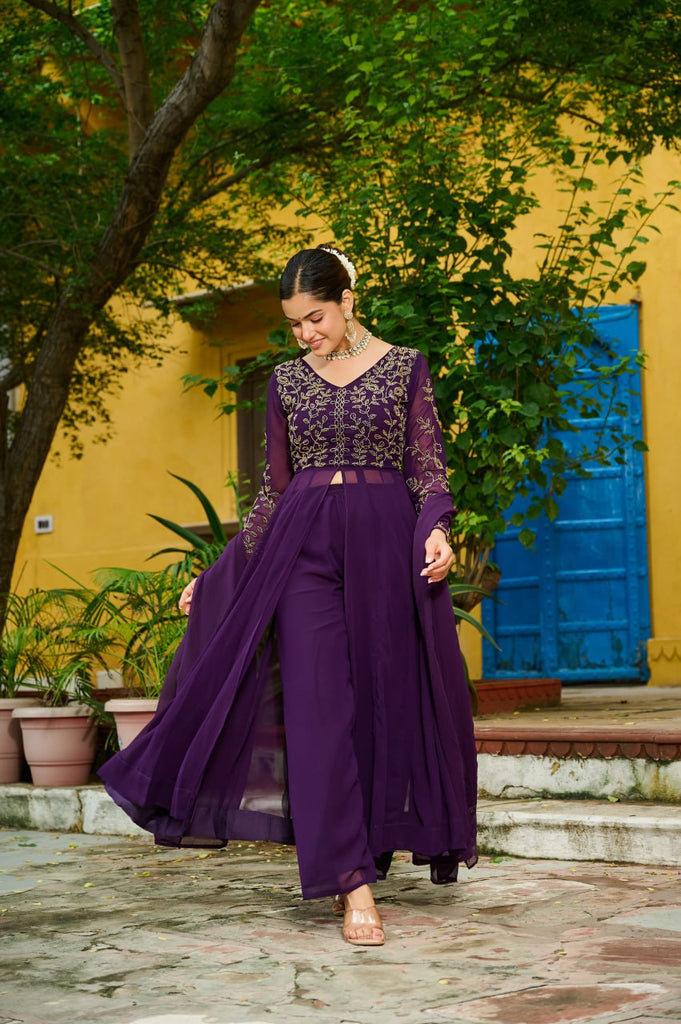 Wine Faux Blooming Multithread Beads Embroidered Gown Set with Matching Bottom & Dupatta – Stitched Ensemble ClothsVilla