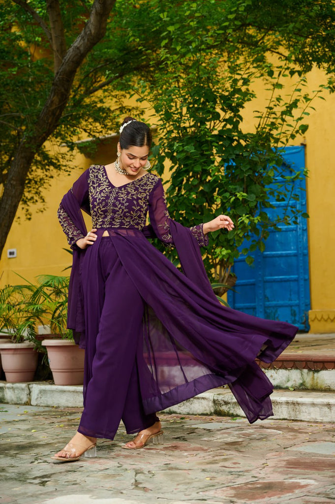 Wine Faux Blooming Multithread Beads Embroidered Gown Set with Matching Bottom & Dupatta – Stitched Ensemble ClothsVilla