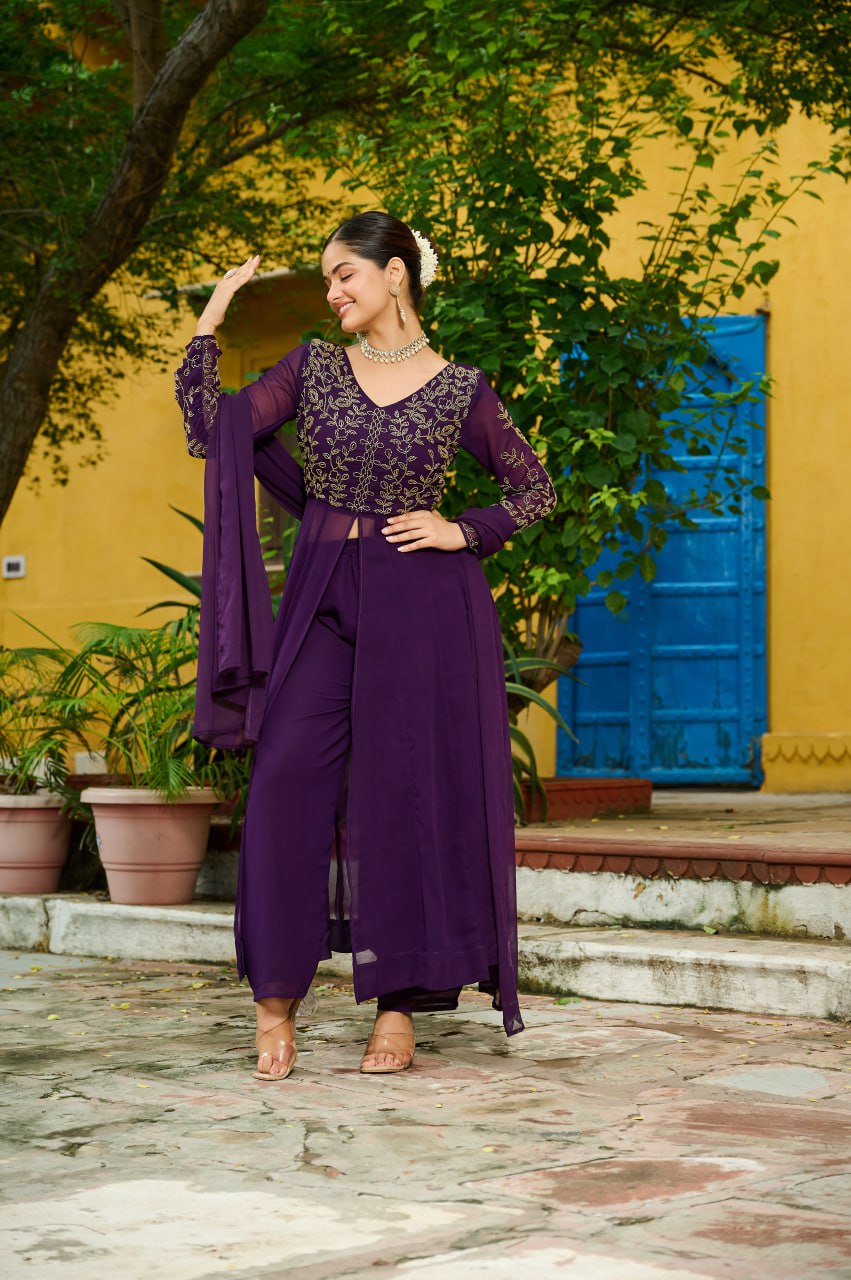 Wine Faux Blooming Multithread Beads Embroidered Gown Set with Matching Bottom & Dupatta – Stitched Ensemble ClothsVilla