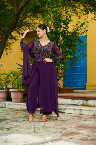 Wine Faux Blooming Multithread Beads Embroidered Gown Set with Matching Bottom & Dupatta – Stitched Ensemble ClothsVilla