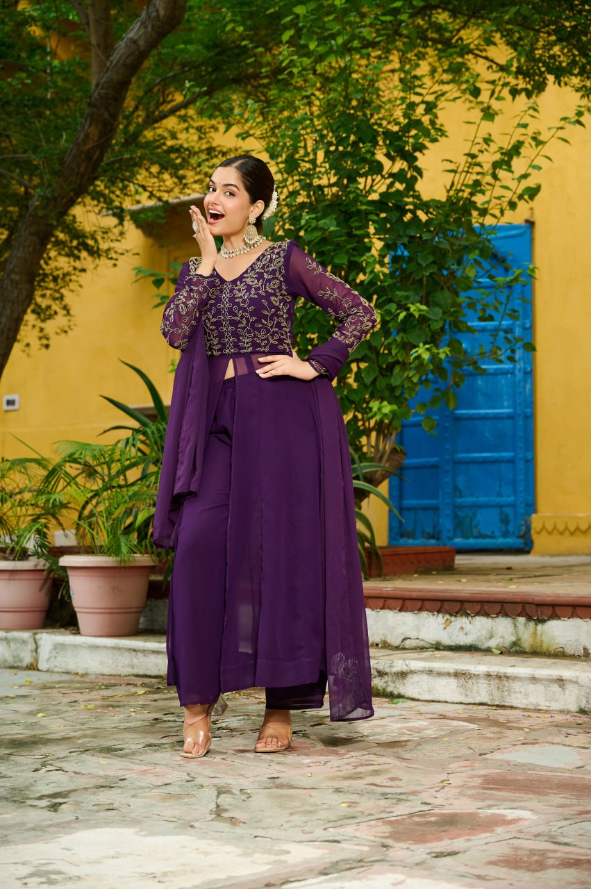 Wine Faux Blooming Multithread Beads Embroidered Gown Set with Matching Bottom & Dupatta – Stitched Ensemble ClothsVilla