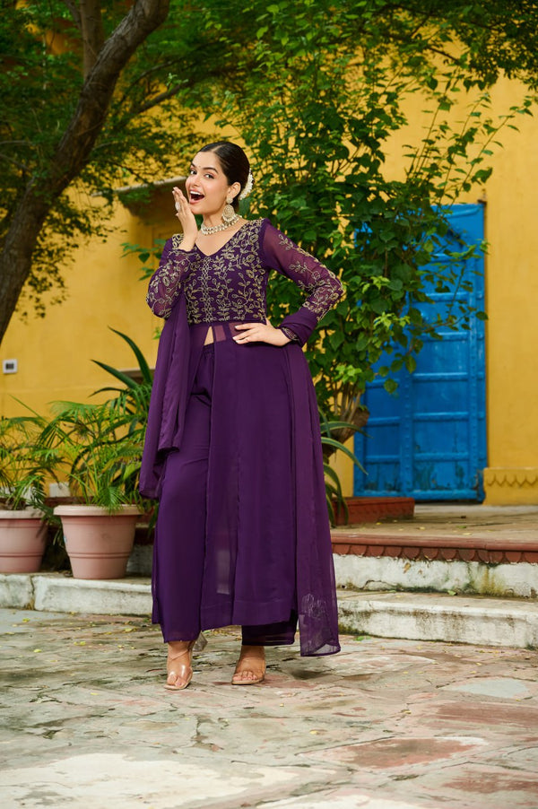 Wine Faux Blooming Multithread Beads Embroidered Gown Set with Matching Bottom & Dupatta – Stitched Ensemble ClothsVilla