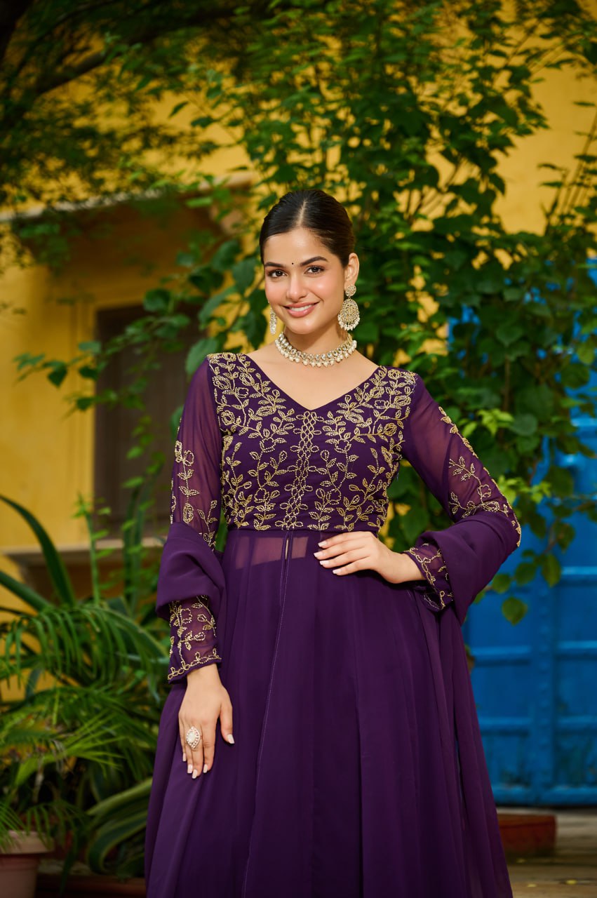 Wine Faux Blooming Multithread Beads Embroidered Gown Set with Matching Bottom & Dupatta – Stitched Ensemble ClothsVilla