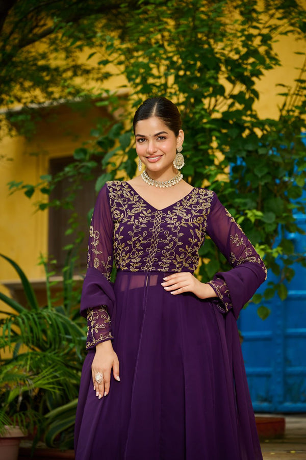 Wine Faux Blooming Multithread Beads Embroidered Gown Set with Matching Bottom & Dupatta – Stitched Ensemble ClothsVilla