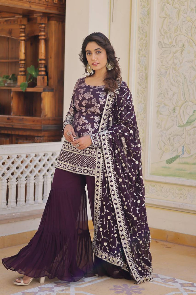 Wine Faux Blooming Sequins & Zari Embroidered Readymade Gharara Suit Set ClothsVilla