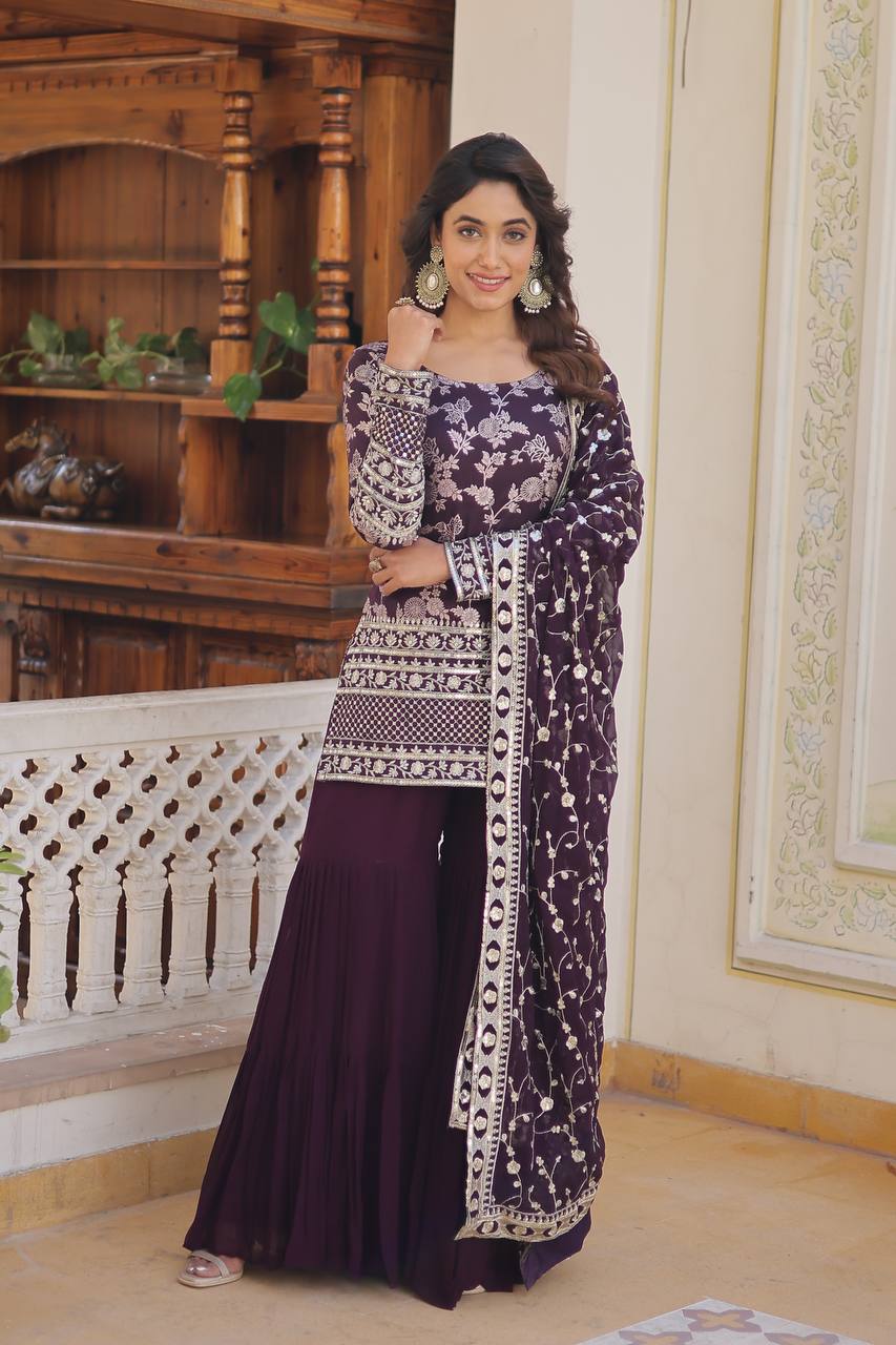 Wine Faux Blooming Sequins & Zari Embroidered Readymade Gharara Suit Set ClothsVilla