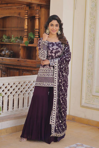 Wine Faux Blooming Sequins & Zari Embroidered Readymade Gharara Suit Set ClothsVilla